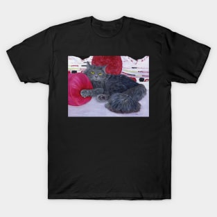 Russian Blue Cat on Rose Colored Pillows T-Shirt